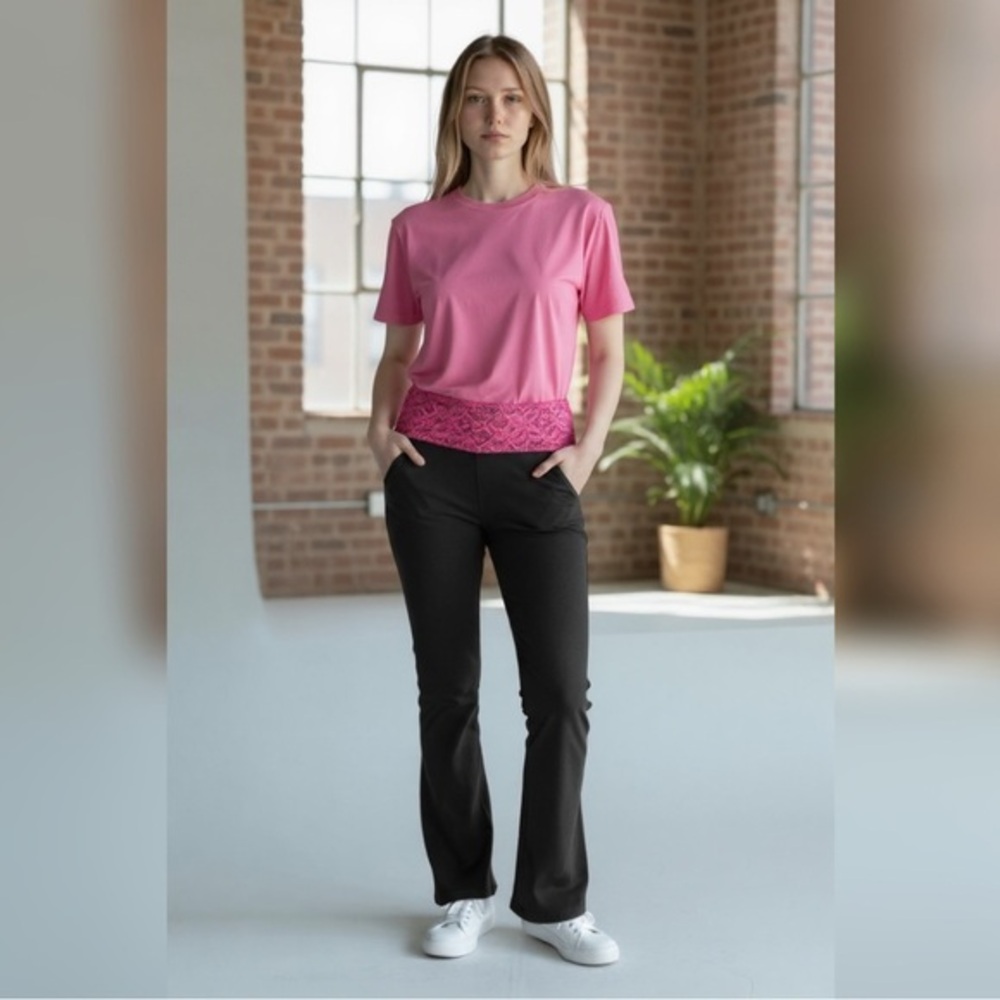 Black Pink Flare Leggings with Lace Top